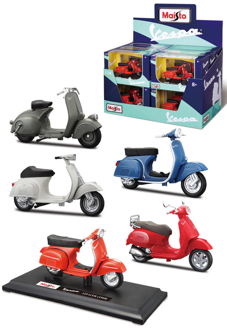 1:18 MOTORBIKE VESPA SCOOTERS ASSORTMENT - 12 PC DISPENSER